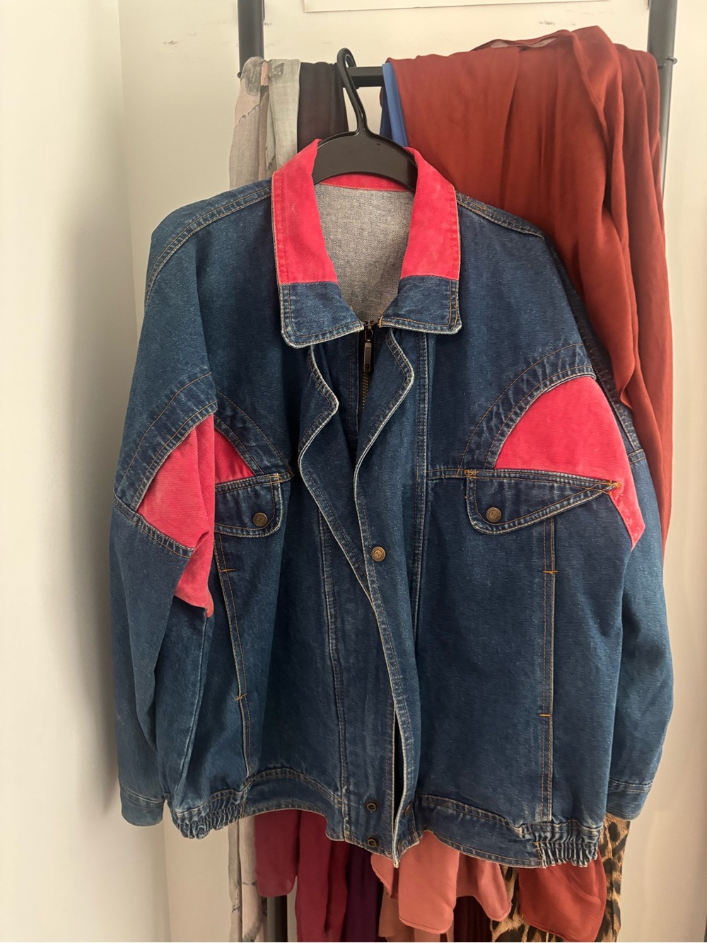 Denim Jacket with red Accents - Women's Oversized Jacket